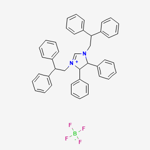 Molecular structure of (4S,5S)-1,3-Bis(2,2-diphenylethyl)-4,5-diphenyl-4,5-dihydro-1H-imidazol-3-ium tetrafluoroborate